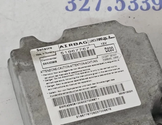 Centralina airbag usato originale SIEMENS 5WK43908 FIAT 500 codice 51867767